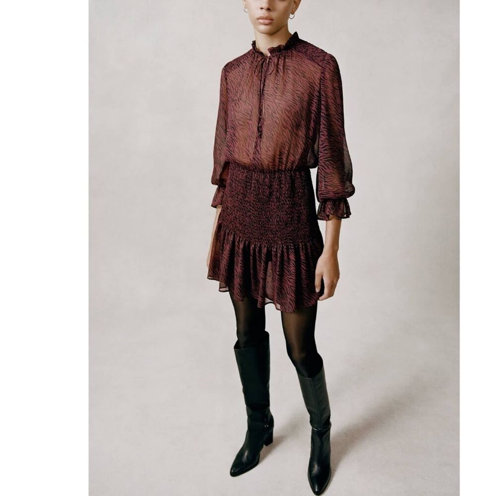 ZARA ANIMAL PRINT RUFFLED MINI DRESS RED SMALL